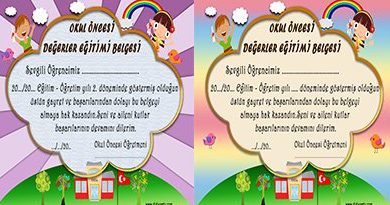 Değerler Eğitimi Katılım Belgesi, okul öncesi değerler eğitimi başarı belgesi