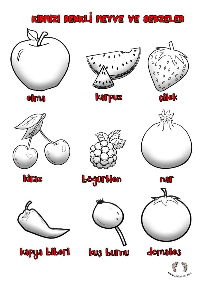 Kırmızı Meyve ve Sebzeler - Okul öncesi Renkler Boya