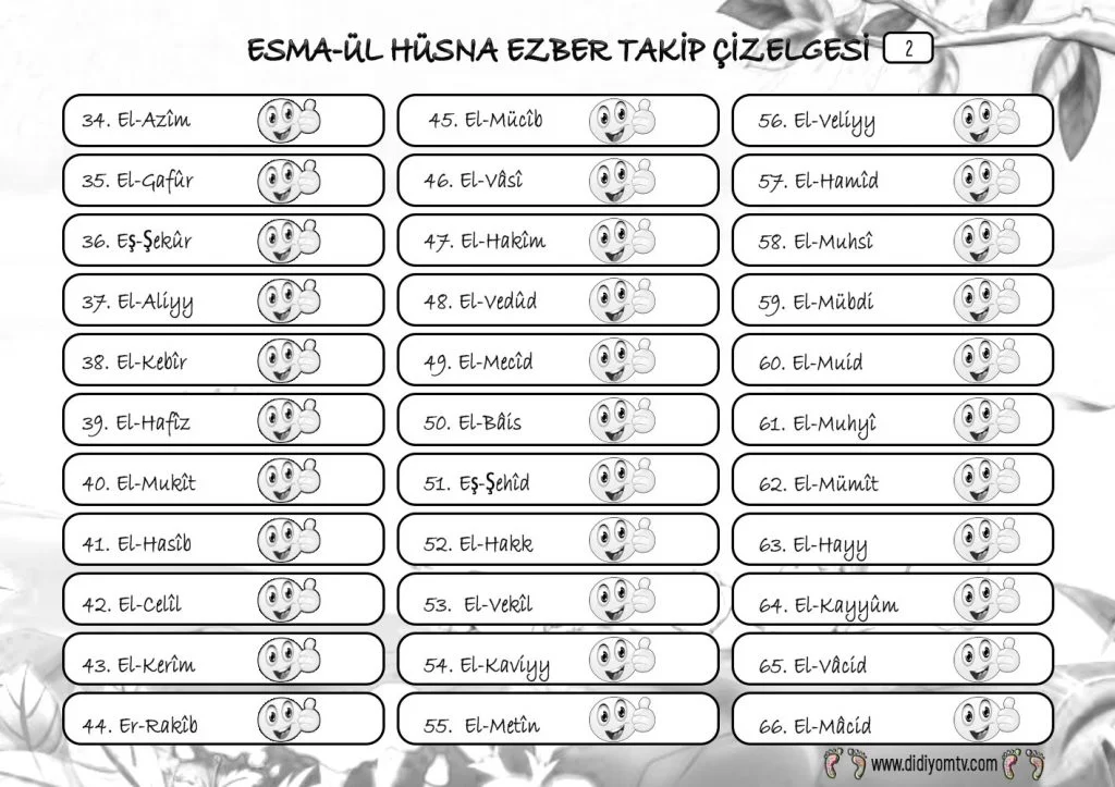 Esma-ül Hüsna Ezber Çizelgesi - Allah'ın İsimleri Ezberleme
